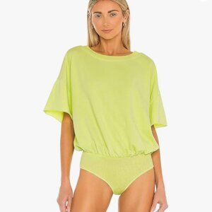 Free People Intimately Free Cozy Cool Girl Bodysuit Short Sleeve, Neon Green S